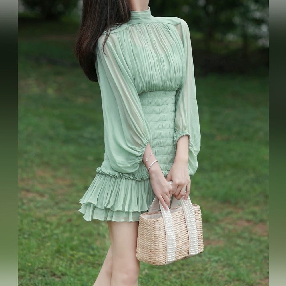 NWOT Sage Green Long Sleeves Ruched Mini Dress